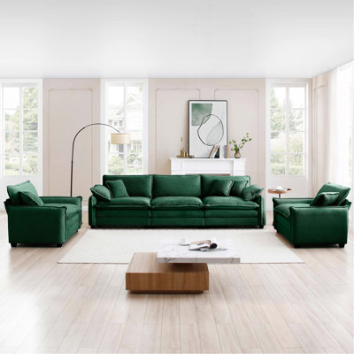 Warm And Cozy Sofa Set With Soft Cushions And Pillows, Home Theater Style Sofa Set Consisting Of A 3-Seater Sofa And Two Single Sofas Ingreen Corduroy Fabric