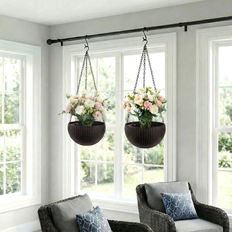 Ensemble de pot à fleurs suspendu en rotin à suspendre H 8 po x l 13 po pour décoration d'intérieur et de balcon, Brun, 2