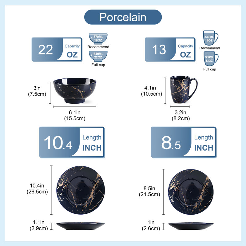 Piece Porcelain China Dinnerware Set - Service for 4, Dark Blue