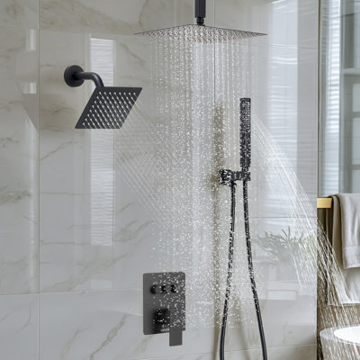 Shower Faucet Set, 10 Inch Ceiling Mount Rainfall Shower System with 6 Inch Wall Mount Head and 2 in 1 Handheld Spray, Rotatable 3-Function Dual Rain Head Brass Valve and Trim Kit, Matte Black