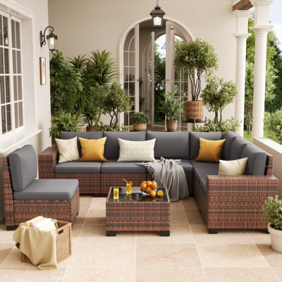  Ensemble de conversation modulaire en osier pour 7 personnes avec coussins