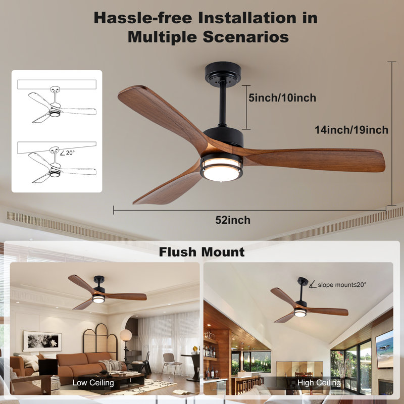 Ventilateur de plafond extérieur 52 po avec lumière, 3 pales en bois de noyer massif, télécommande, DEL à intensité variable 3 CCT, minuterie, moteur réversible à 6 vitesses toutes saisons pour le salon ou la terrasse