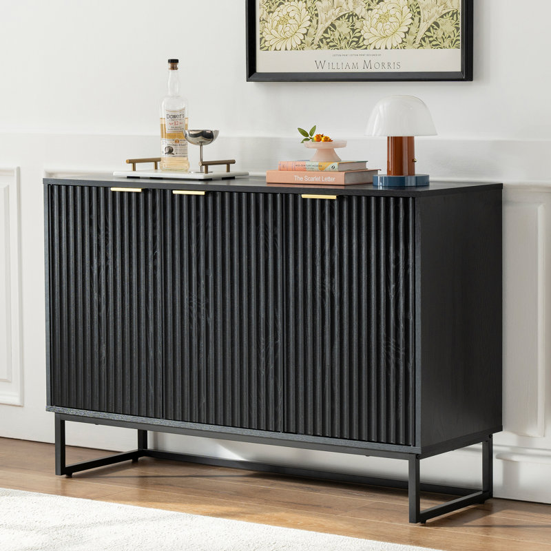 Fluted Sideboard Buffet Cabinet With 3 Doors,Accent Cabinet With Adjustable Shelves For Living Room, Black