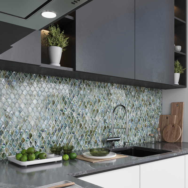 Majeste 0.5" x 2" Glass Fish Scale Mosaic Wall & Floor Tile, Blue/Silver