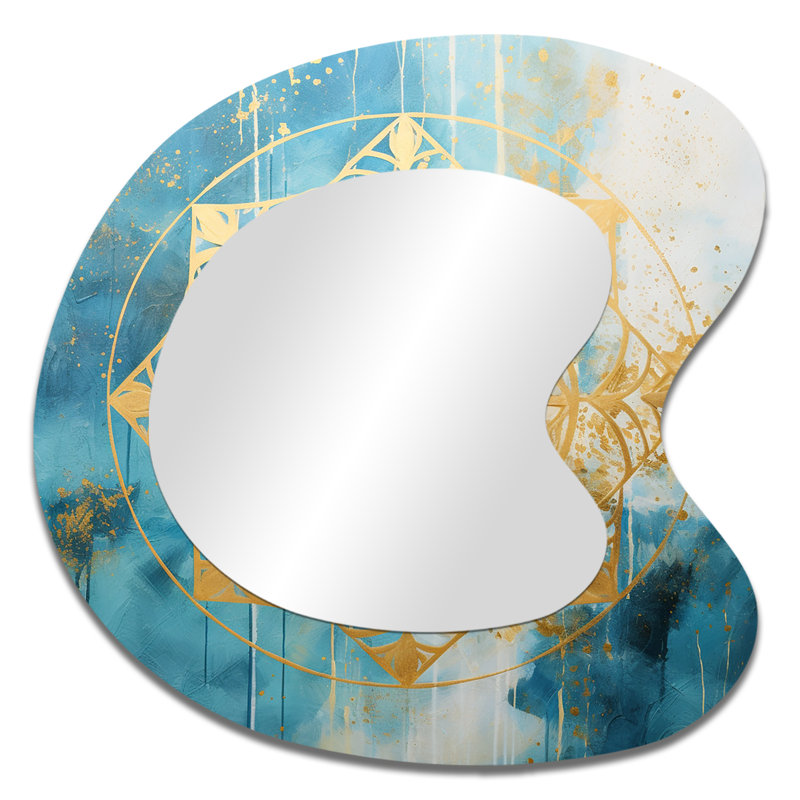Divine Mandala Delicate Gold Gentle Turquoise VII - Boho Mandala Asymmetrical Wall Mirror, Gold Irregular Shape Decorative Mirror, Printed Metal Art