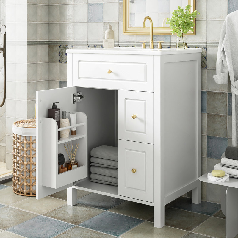 Meuble-lavabo 24 po avec lavabo en céramique, porte à fermeture douce et 2 tiroirs à fermeture douce, supports de rangement doubles pour porte