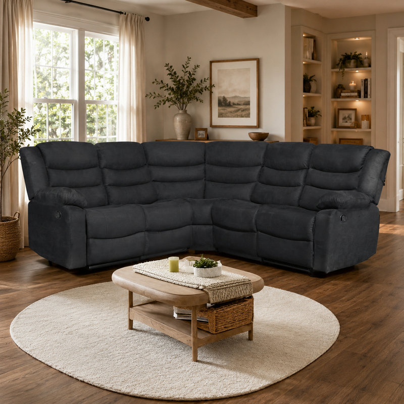 5-Seat Microfiber Manual Recliner Sectional Sofa with Drop-down Tables Cup Holders, Black Microfiber