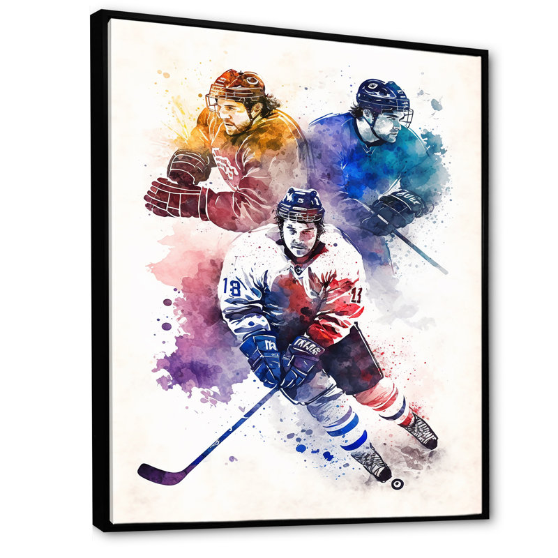 Trois joueurs de hockey pendant la partie I - Impression sur toile, H 20 po x l 12 po x P 1 po