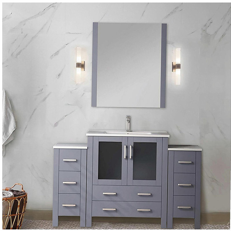 Lavabo pour salle de bain simple avec armoire latérale, comptoir en céramique blanche et ensemble de robinet