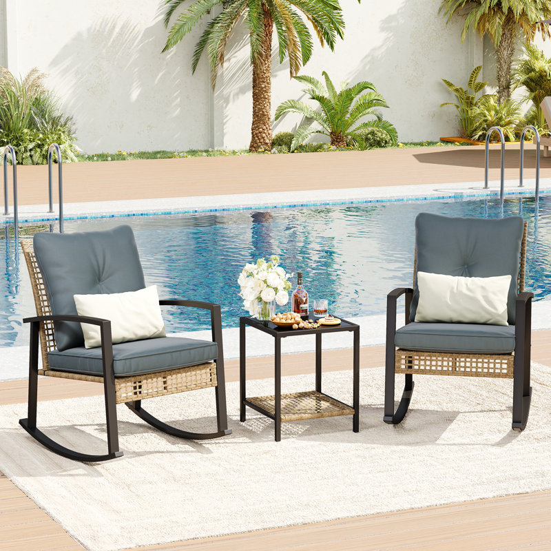 2 - Person Patio Conversation Sets Rocking Bistro Sets with Gray Cushions, Gray