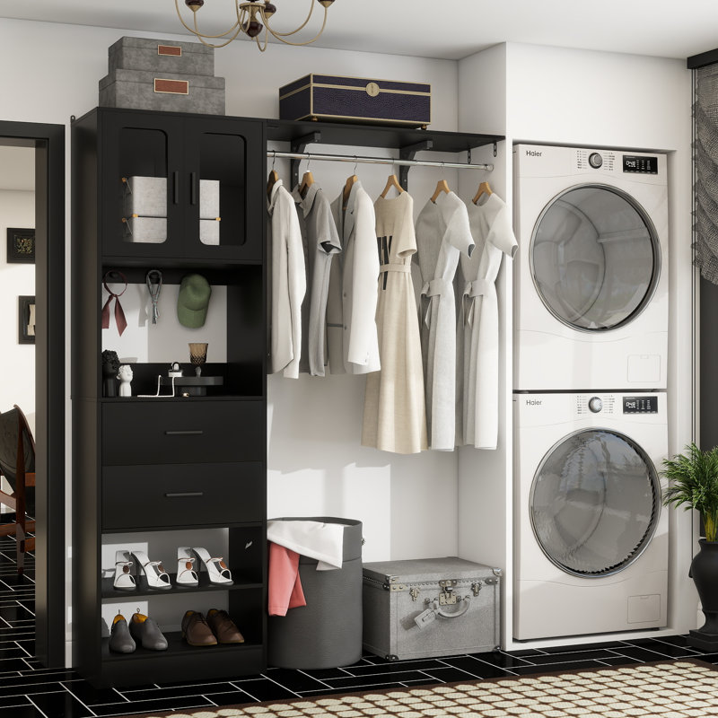60" Closet System With Visualize Cabinet Door And Wooden Drawers, Black