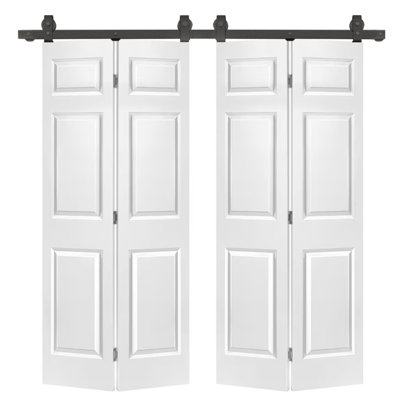 72 po x 84 po 6 panneaux de porte en bois aggloméré à double panneaux en MDF blanc avec noyau creux et ensemble de quincaillerie coulissante