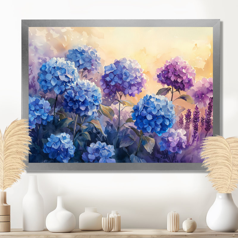 Hortensias dans le champ de lavande I - hortensia, décoration murale, Impression d'un seul cadre photo, Argent argent