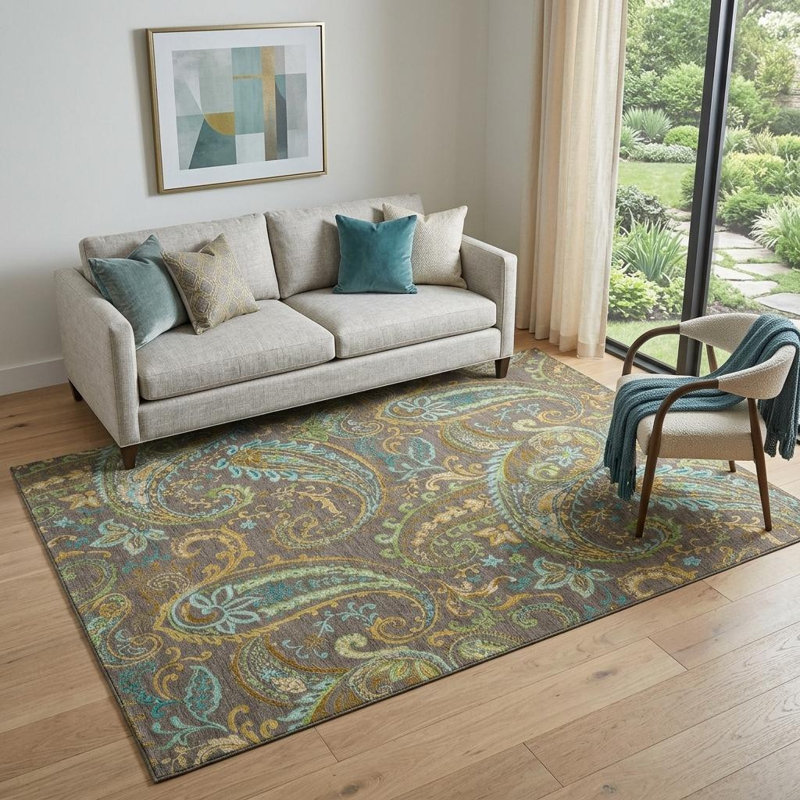 Tapis délavé à motif cachemire bleu chocolat et vert 5 pi x 8 pi avec protection UV