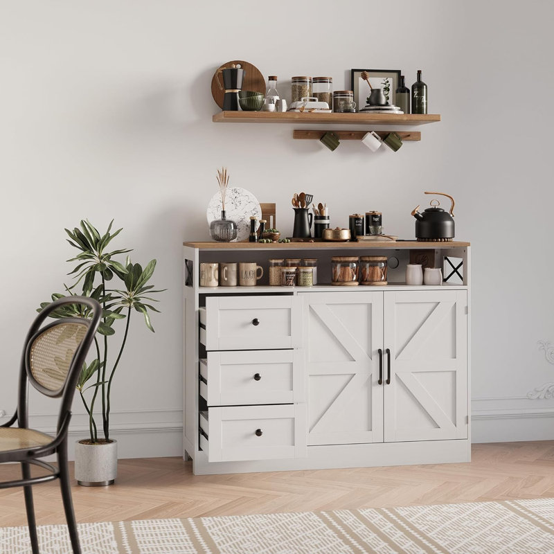 47.2 Inch Sideboard Buffet Cabinet with 2 Barn Doors and 3 Drawers, Farmhouse Wood Coffee Bar Cabinet with Charging Station