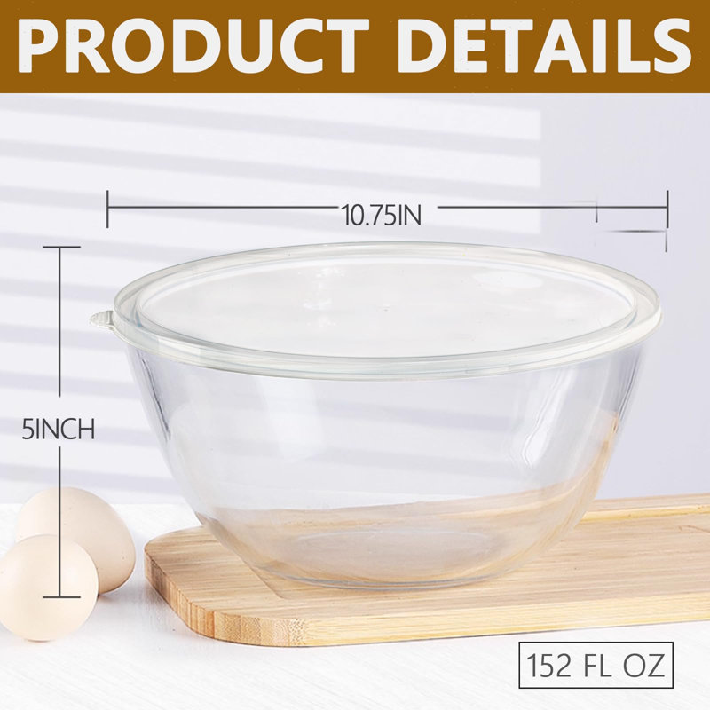 Bol en verre avec couvercle, grand bol à mélanger en verre pour le rangement de pain de salade de cuisine au levain, (transparent)