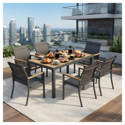 Ensemble de salle à manger 7 pièces en aluminium gris avec table rectangulaire de 59 pouces et 6 chaises en textilène - Mobilier de patio résistant à la rouille pour le jardin et la terrasse