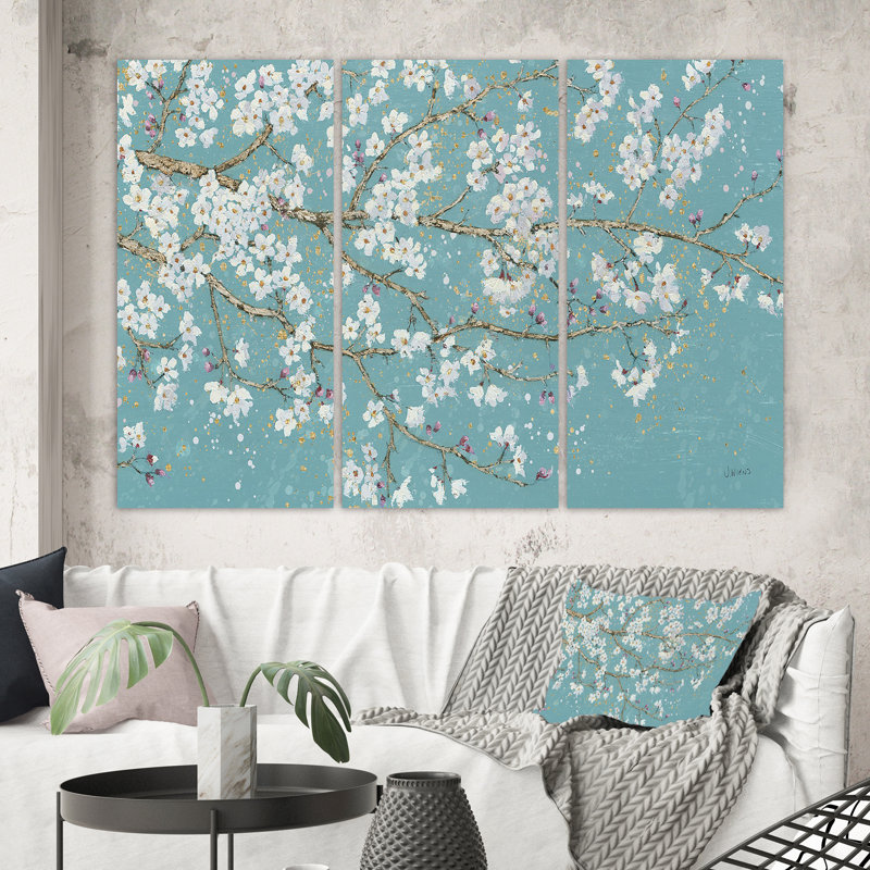 «Blue April Tree», reproduction d'art sur toile tendue 3 pièces, H 28 po x l 36 po x P 1 po
