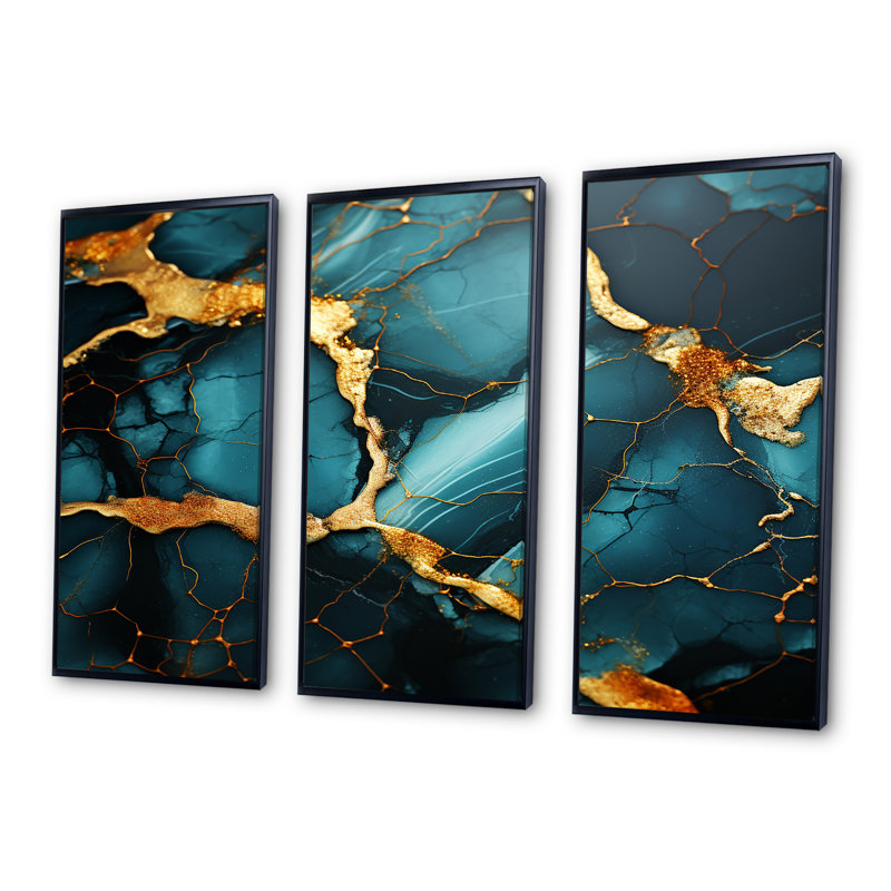 «Green and Gold Topaz Agate Granite I», reproduction d'art murale abstraite, Cadre flottant noir, H 28 po x l 36 po x P 1 po