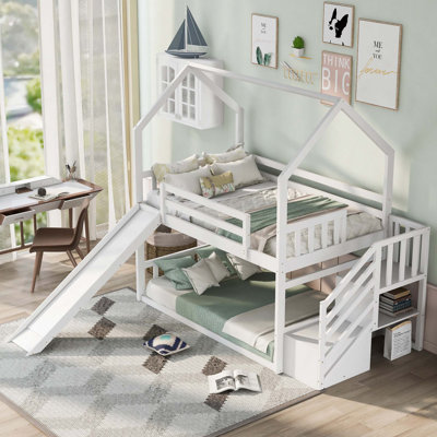 House Bunk Bed With Convertible Slide, Storage Staircase Can Be Placed Left Or Right