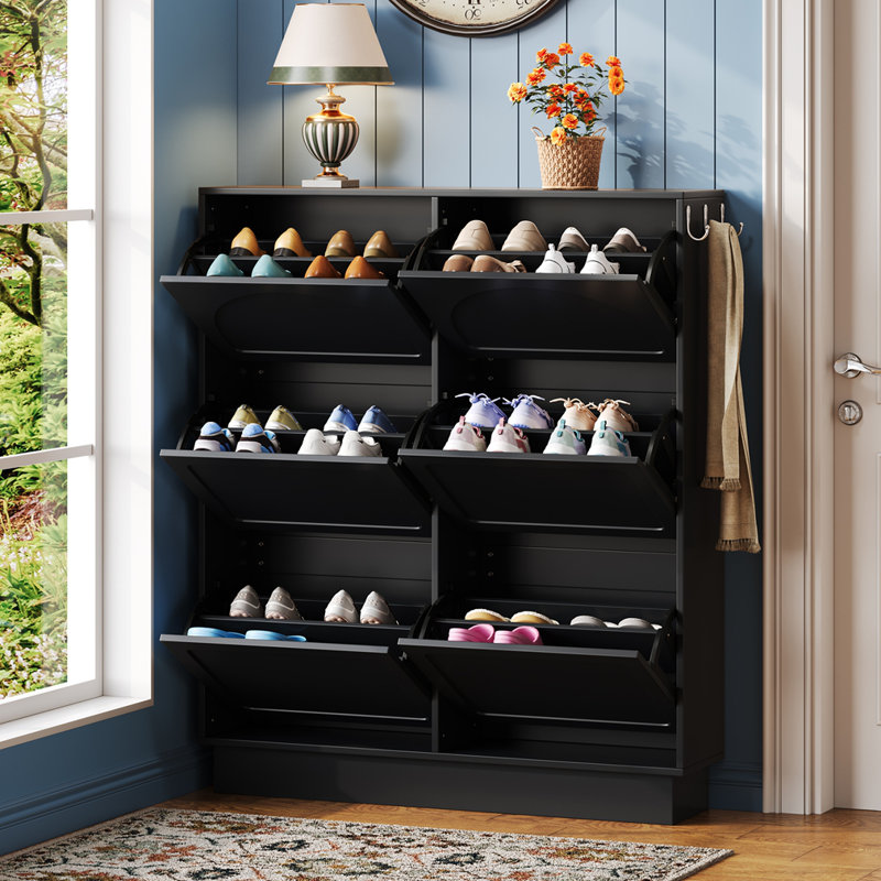 Cream Slim Shoe Cabinet (12-24 Pairs) with Adjustable Drawers & Hooks, Black