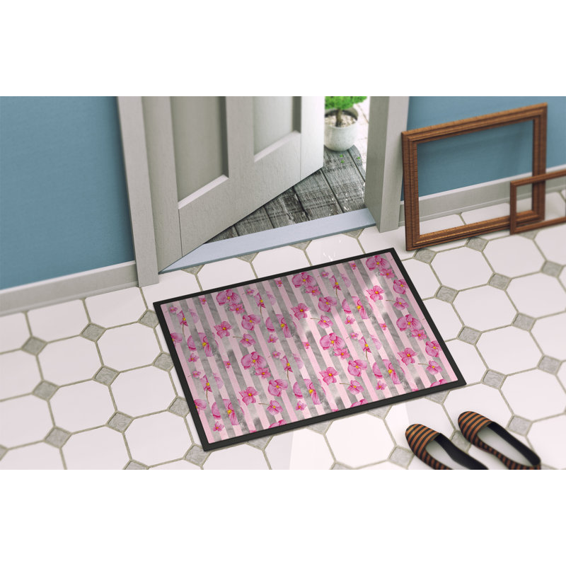 Tapis de porte d’extérieur anti-dérapants à rayures de fleurs Belinda, Rectangle 1 pi 6 po x 2 pi 3 po