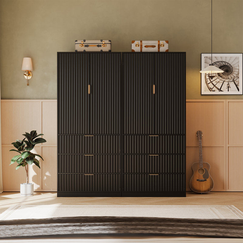 Armoire-penderie de 70,9 pouces de hauteur, armoire à 2 portes avec miroir intégré, armoire à 3 tiroirs (ensemble de 2), Noir