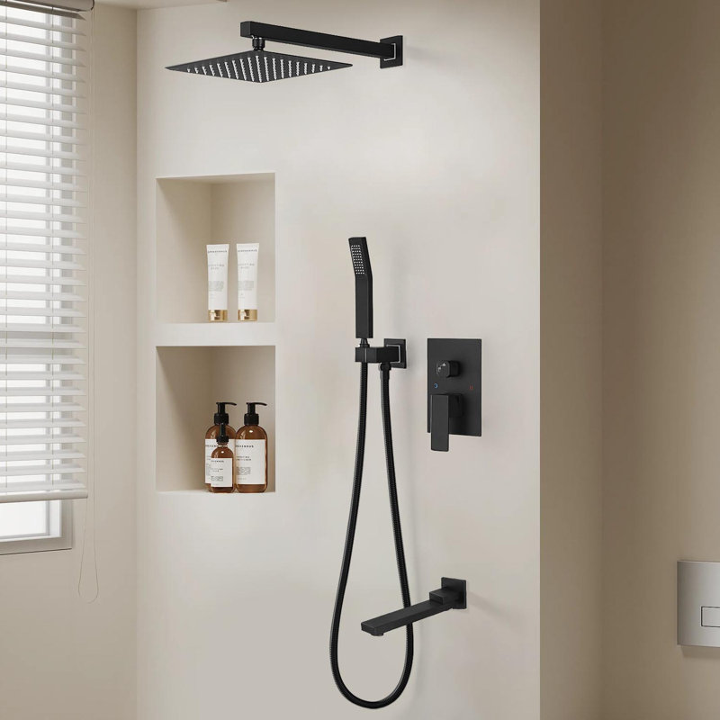 1 jet de 9,8 po Double pomme de douche fixe et à main avec robinet de baignoire 1,8 GPM en noir mat