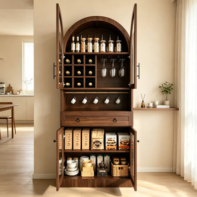 Armoire de bar 70 po de hauteur Mid-Century arquée avec portes en verre trempé, rangement pour vin et tiroir