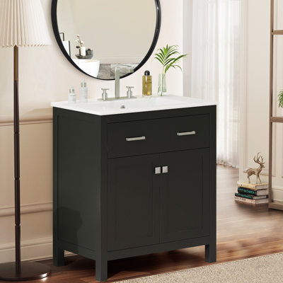 Meuble-lavabo de 30 po avec lavabo en céramique, armoire de salle de bain simple avec 2 portes et une tablette