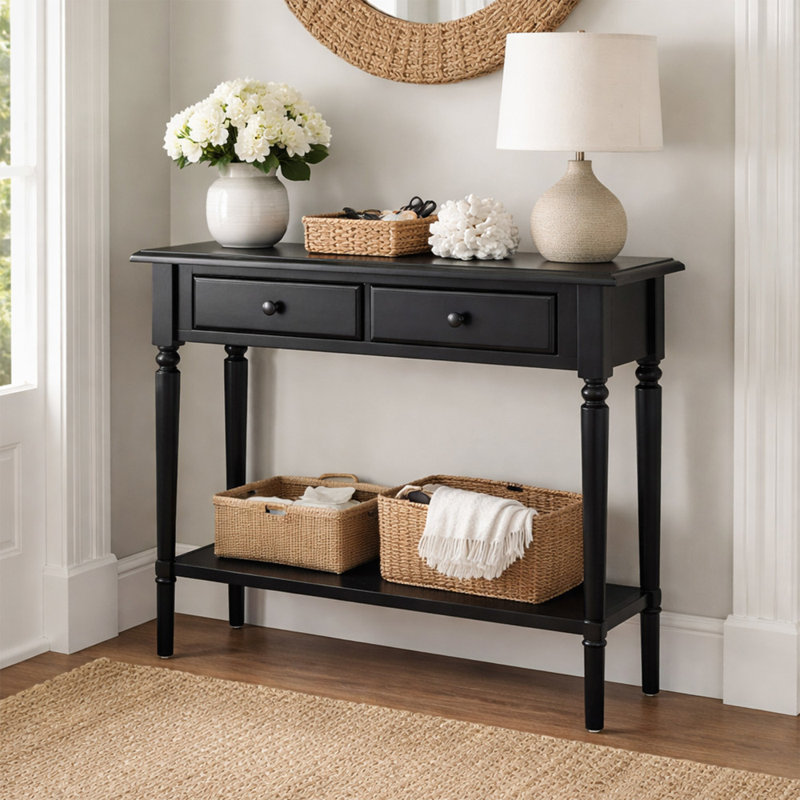 Coastal Solid + Manufactured Wood Narrow Sofa Table, Swan Black
