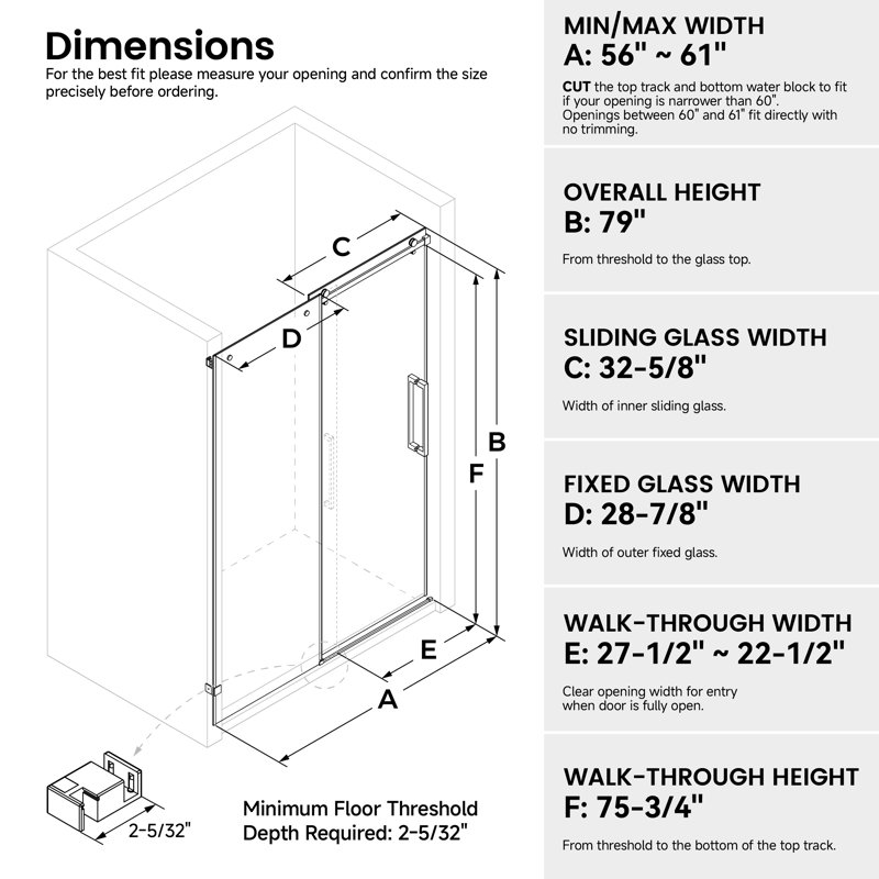 56-61" W X 79" H Frameless Single Sliding Shower Door with 3/8" (10mm) Clear Tempered Glass, Shatter-Resistant Film & Installation Hole Locator - Square Top Rail