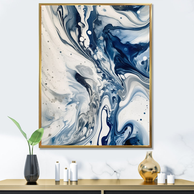 Élixir éthéré bleu et gris IV - décoration murale abstraite, Cadre flottant doré, H 32 po x l 24 po x P 1 po