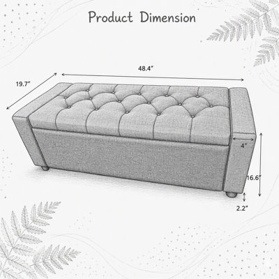 Banc de rangement pour chambre 48 po pour bout de lit, repose-pieds rembourré en faux lin avec accoudoirs pour chambre à coucher, salon, entrée, gris