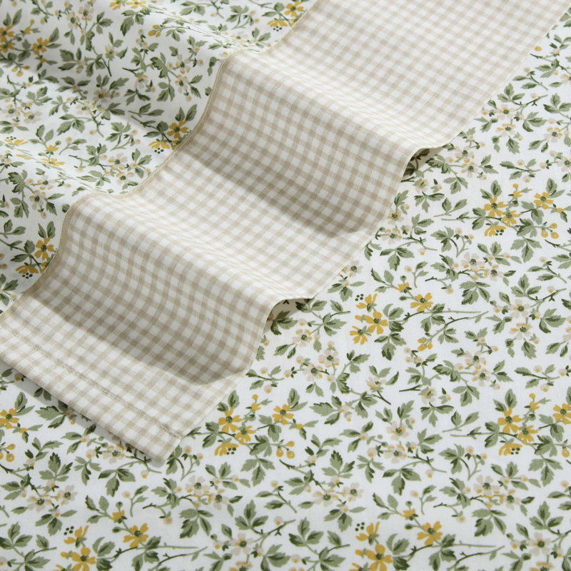 Laura Ashley Kate Cotton Printed Hem Blue Full Sheet Set, Twin Sheet Set with 1 Pillowcase, Green Floral