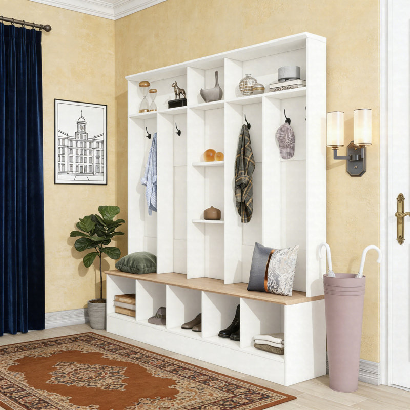 Wide Hall Tree With Storage Bench, Shoe Cabinet With Cube Storage, Shelves & 8 Hooks, Minimalist Entryway Coat Rack, White