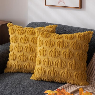 Housses de coussin d'automne 40x40 cm (2 pièces) motif citrouille jaune - Décoration automnale pour la maison - Ensemble de 2 housses de coussin décoratives en fausse fourrure douce et peluche pour canapé, fauteuil, chambre, salon et décoration intérieure