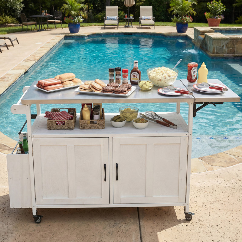 Outdoor Kitchen Island, Rolling Bar Cart & Storage Cabinet, White
