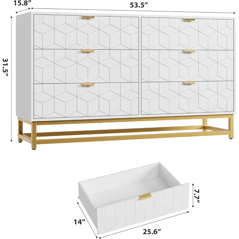 53.5" Dresser for Bedroom, 6 Drawer with Golden Metal Handle and Legs for Closet, Hallway, Living Room, Entryway, White