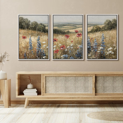 Wildflowers " Rural Splendour Delicate Wildflowers In Meadow Rustic Landscape Illustration Rustic Decor Multicolor " 3 - Pieces