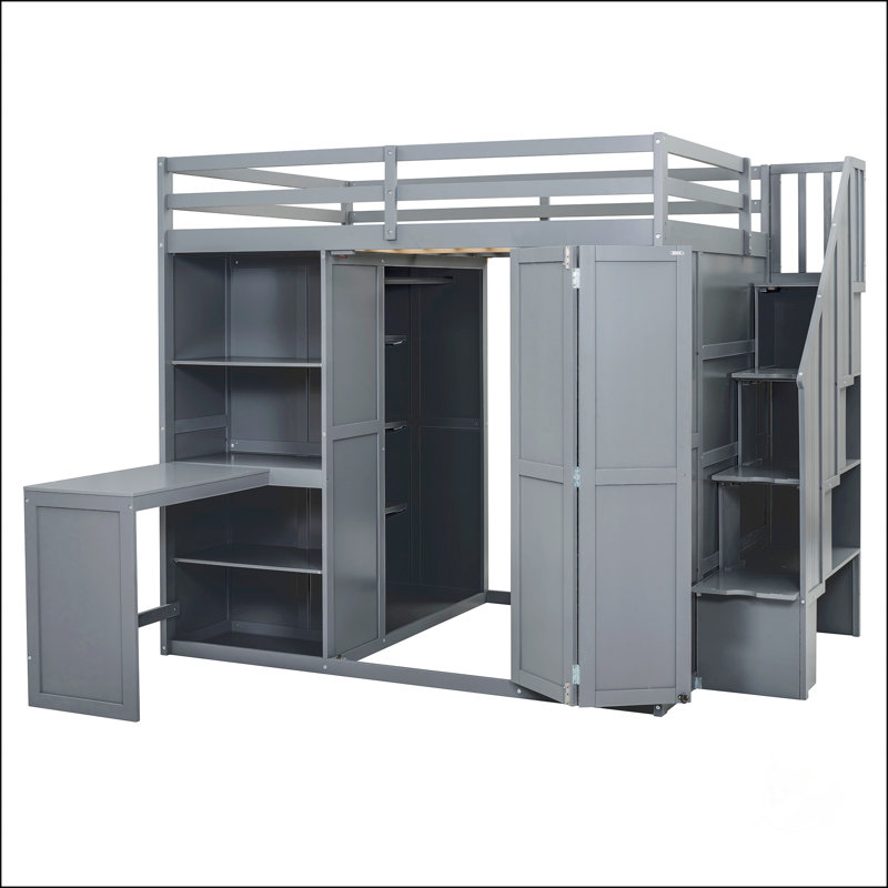 Lit mezzanine double avec garde-robe, gris