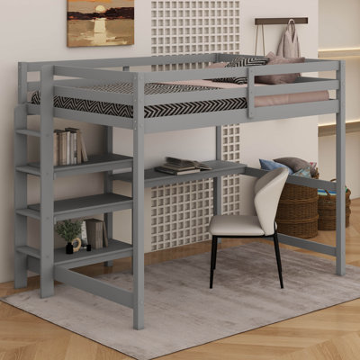 Lit mezzanine simple en bois - tablettes, bureau et tableau d'écriture inclus