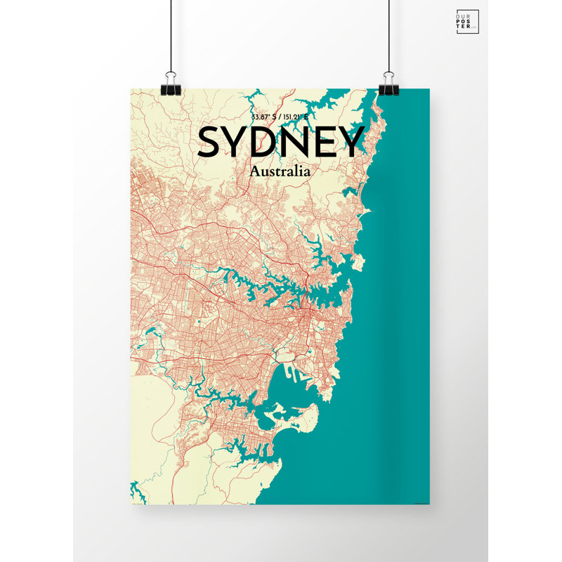 Sydney City Map - impression d'art graphique, H 20 po x l 16 po x P 0,05 po