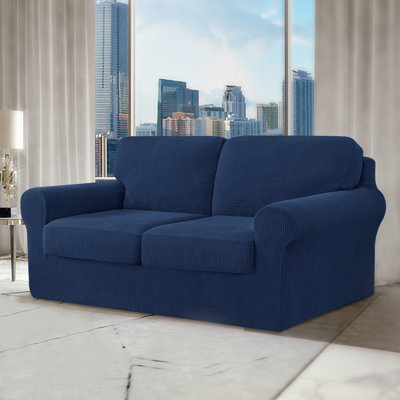 Non‑Slip Multiple Pieces Stretch Couch Covers,Soft Jacquard Washable Sofa Slipcovers, Universal Fit Furniture Protector for Daily Use with Pets & Kids (Loveseat,Navy)