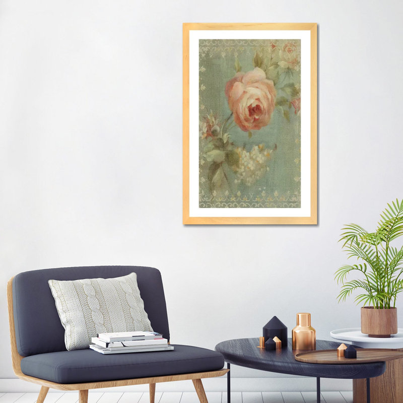 Rose par Danhui Nai - reproduction d'art, H 32 po x l 24 po x P 1 po, Toile avec cadre en bois beige, Blanc