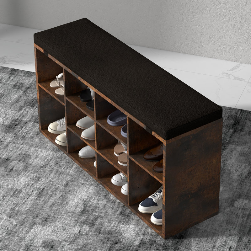 Shoe Storage Bench with Cushion, Shoe Rack with 3-Tier Adjustable Shelf for Entryway, Living Room, Black, Brown