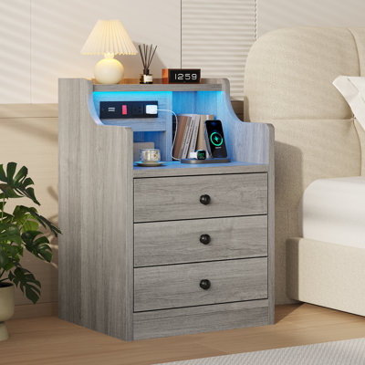 Smart RGB LED Bedside Table with Built-in Charging Station, Bedroom Nightstand Featuring Open Hutch & Three Storage Drawers, Round Knob Cabinet Design, Gray
