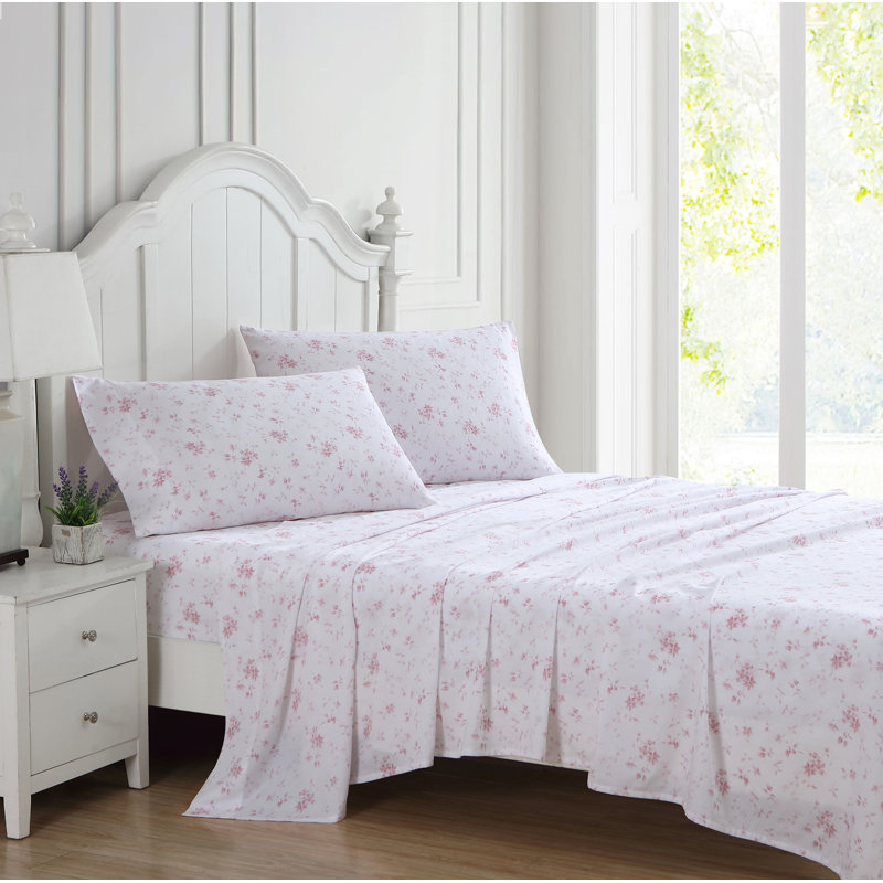 4-Piece 300 Thread Count Sateen Cotton Sheet Set, King Sheet Set with 2 Pillowcases, Garden Muse Pink