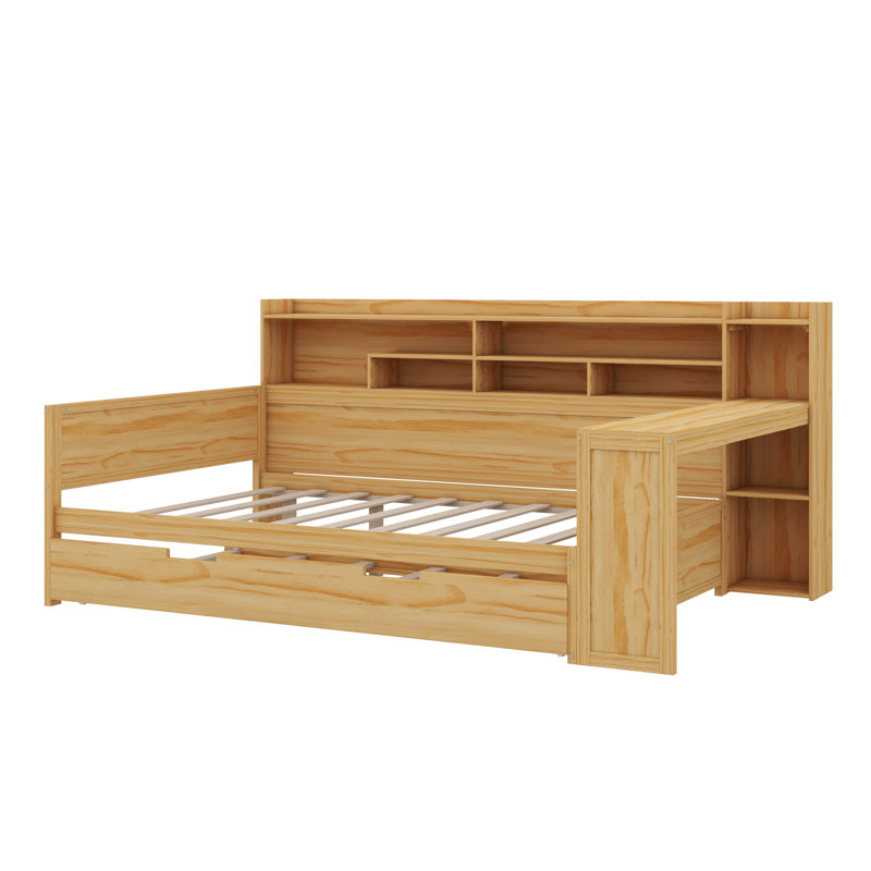 Lit de jour double en bois avec rangement intégré, lit simple escamotable et bureau d'étude intégré, Naturel, Lit double