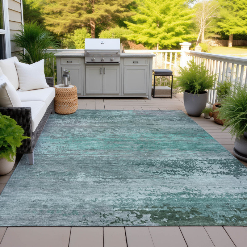 Tapis bleu sarcelle lavable à la machine intérieur / extérieur Xhevrie, Rectangle 5 pi x 7 pi 6 po